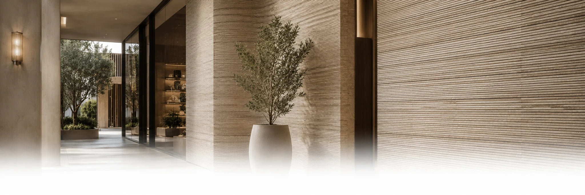 Linear textured corridor finished with flexible stone
